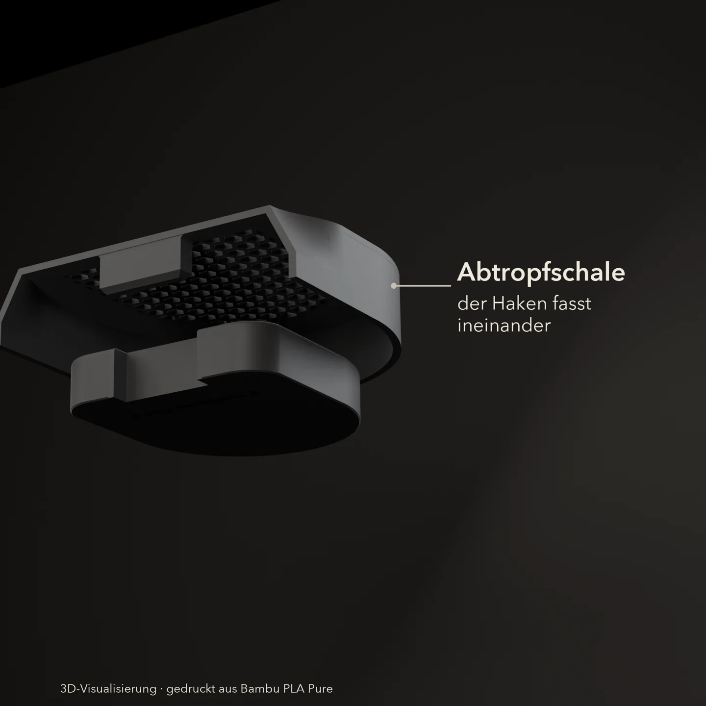 Abtropfgitter Honeycomb von unten: der Haken, mit dem das Gitter in der Mulde des Behälters sitzt und sich zum Ausleeren abheben lässt