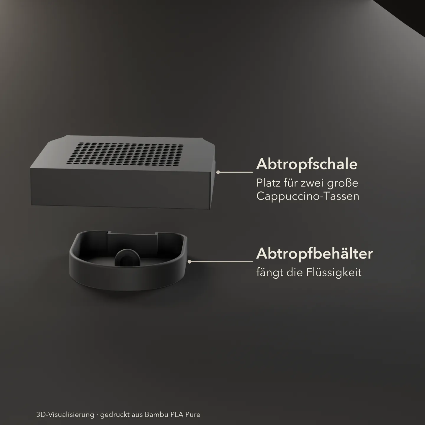 Abtropfschale Livanto als Explosionsdarstellung: gelochtes Abtropfgitter und Abtropfbehälter, zwei gedruckte Teile ersetzen das Original-System
