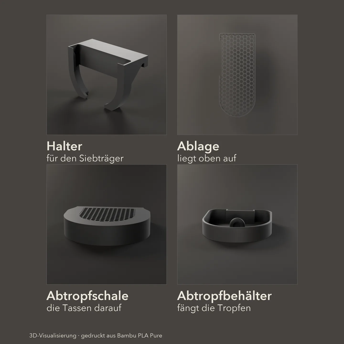 Lieferumfang 3er-Set Honeycomb: Abtropfgitter, Abtropfbehälter, Tassenablage und magnetischer Siebträgerhalter, vier Druckteile