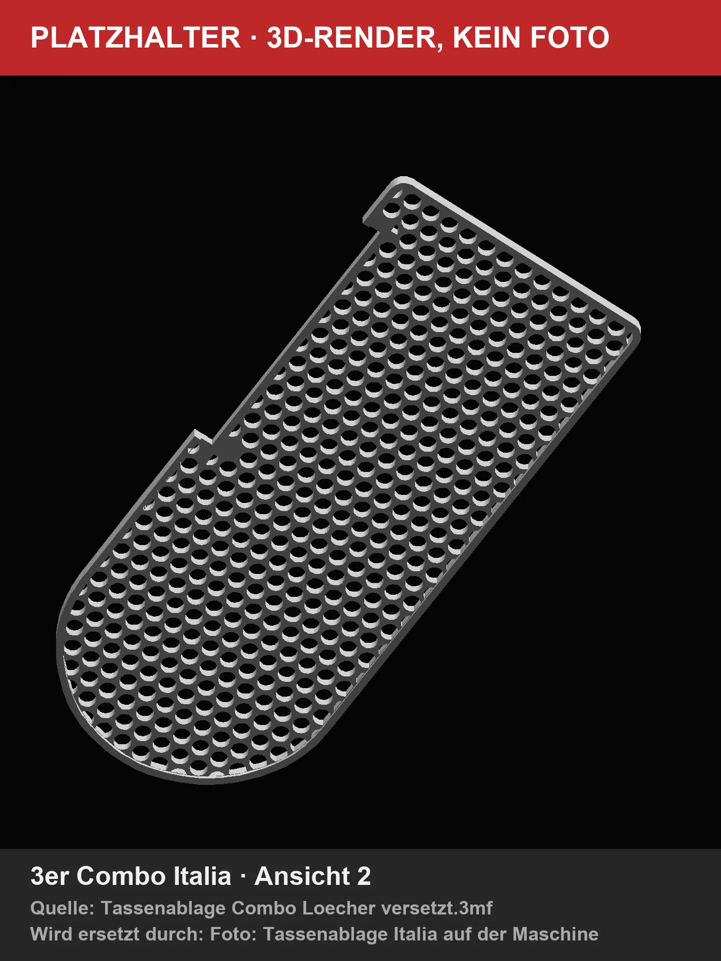 3D render of the elongated Livanto cup rest with round holes (placeholder, will be replaced by a product photo)