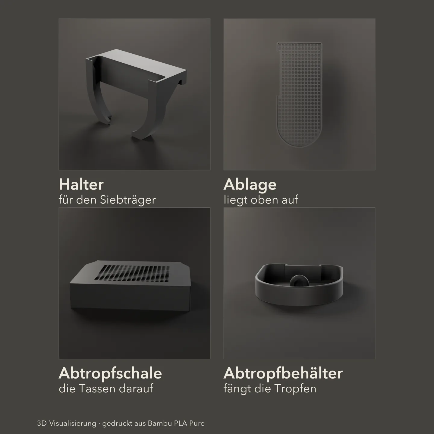 Lieferumfang 3er-Set Livanto: gelochtes Abtropfgitter, Abtropfbehälter, Tassenablage und magnetischer Siebträgerhalter, vier Druckteile
