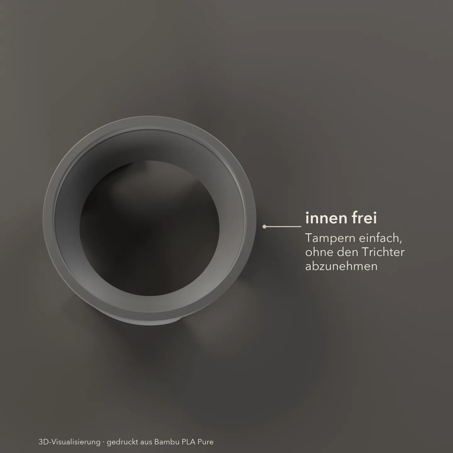 Dosiertrichter 51 mm schlank von oben: gut 52 mm Durchgang, Tampern ohne den Trichter abzunehmen