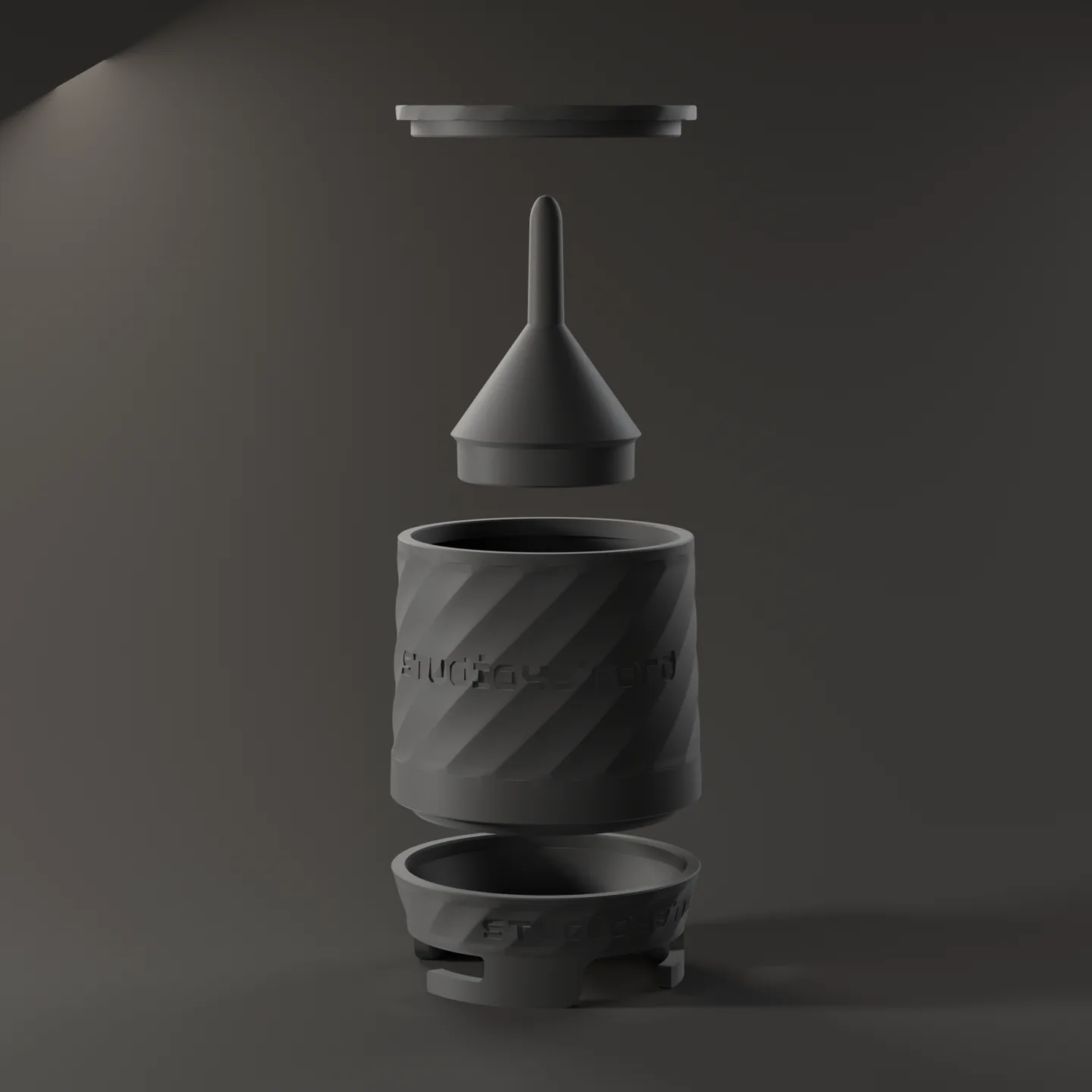 Blindshaker für die De'Longhi Dedica, alle vier Teile: Deckel, Plug, Becher und Trichter (3D-Render)
