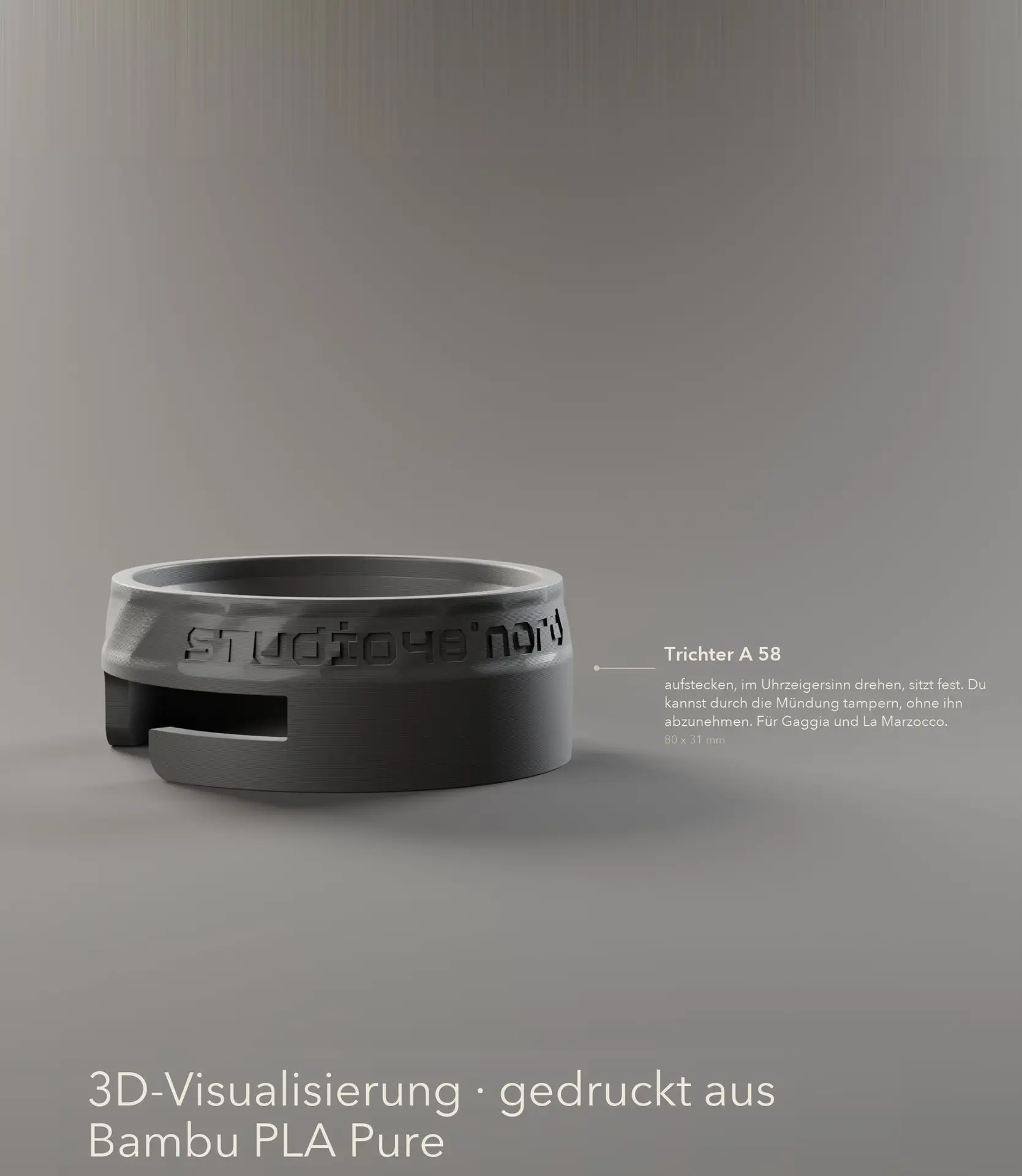 3D render of the 58 mm dosing funnel with twisted facets, from the side at an angle