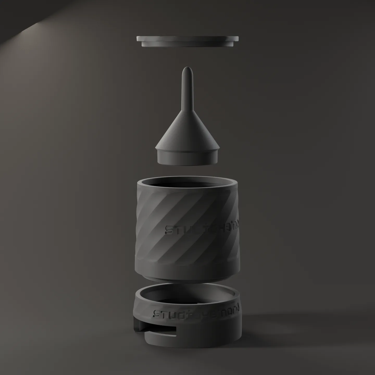 Blindshaker für die Gaggia, alle vier Teile: Deckel, Plug, Becher und 58-mm-Trichter (3D-Render)