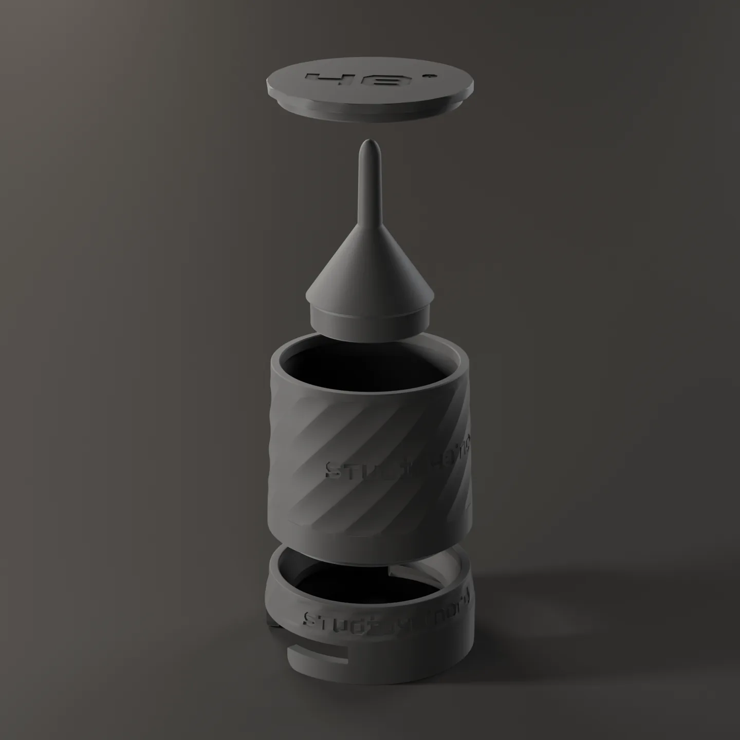 Alle vier Teile des Blindshakers: Deckel, Plug, Becher und 58-mm-Trichter für die La Marzocco (3D-Render)