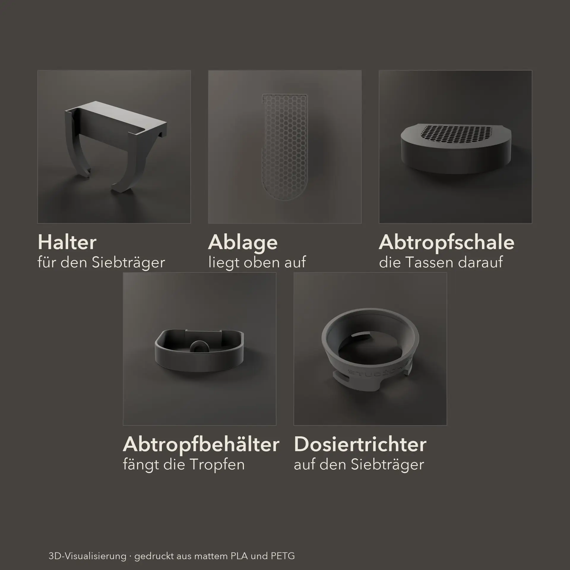 Die vier Teile des Honeycomb-Sets nebeneinander mit Beschriftung