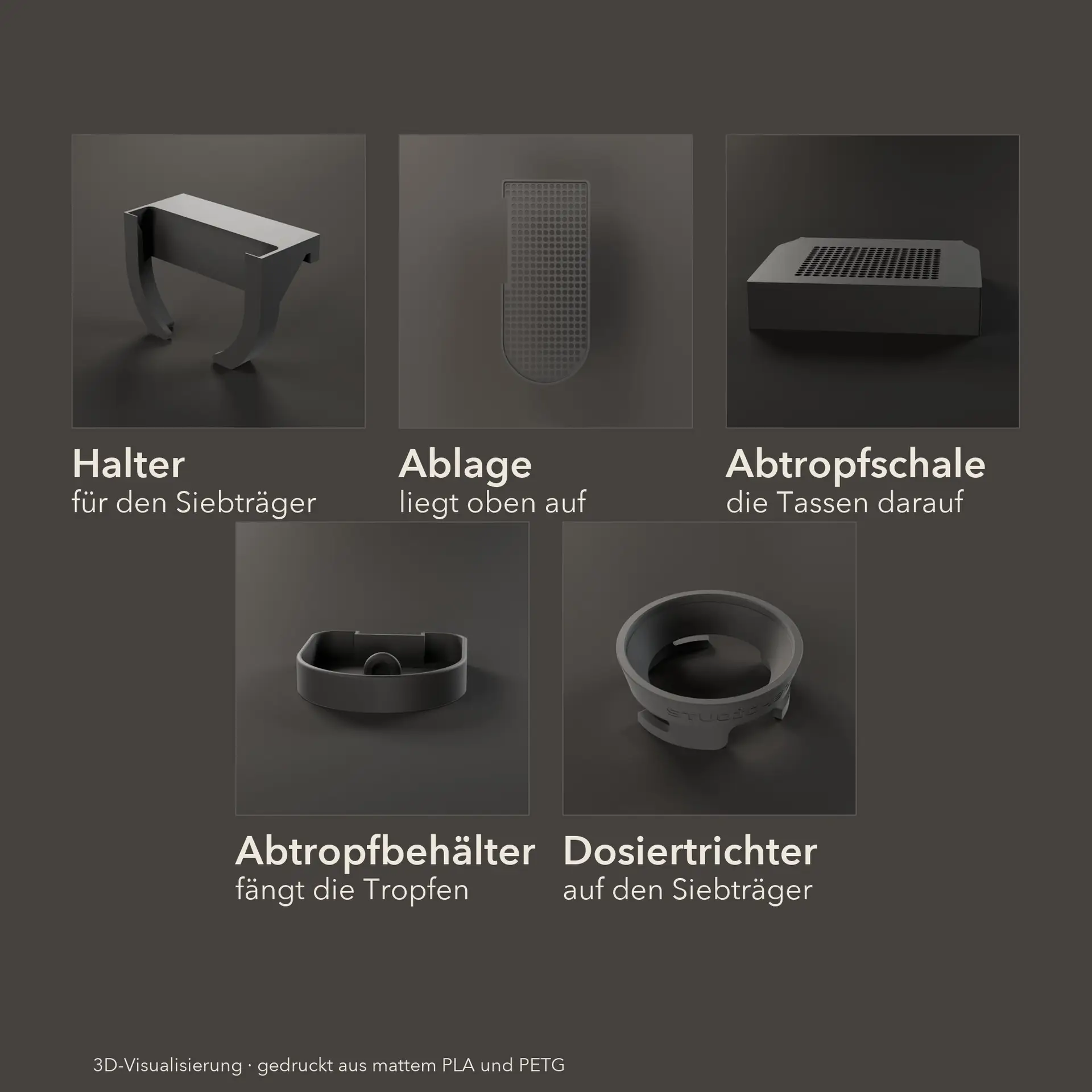 Die vier Teile des Livanto-Sets nebeneinander mit Beschriftung
