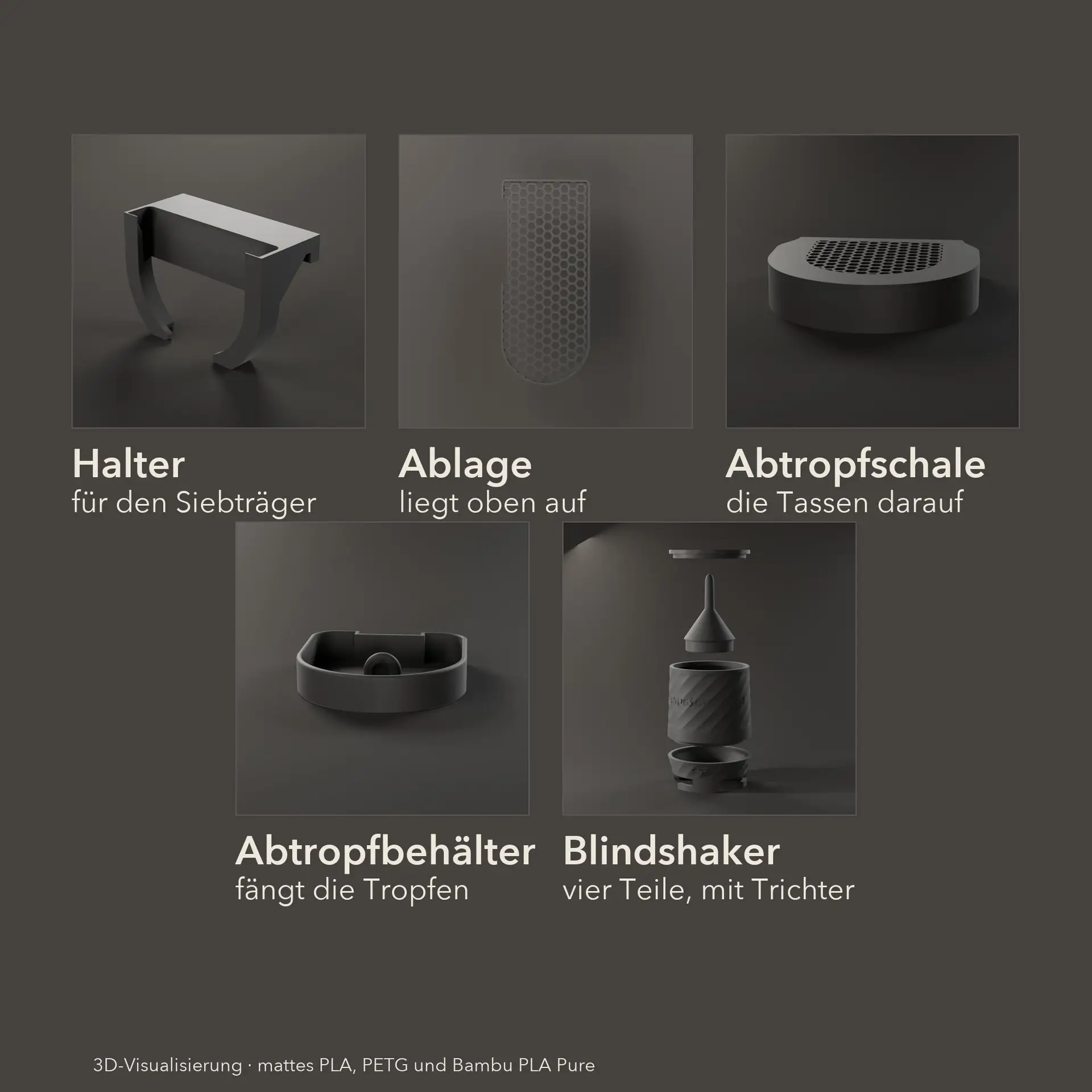 Die fünf Posten des Honeycomb-Komplettsets nebeneinander mit Beschriftung