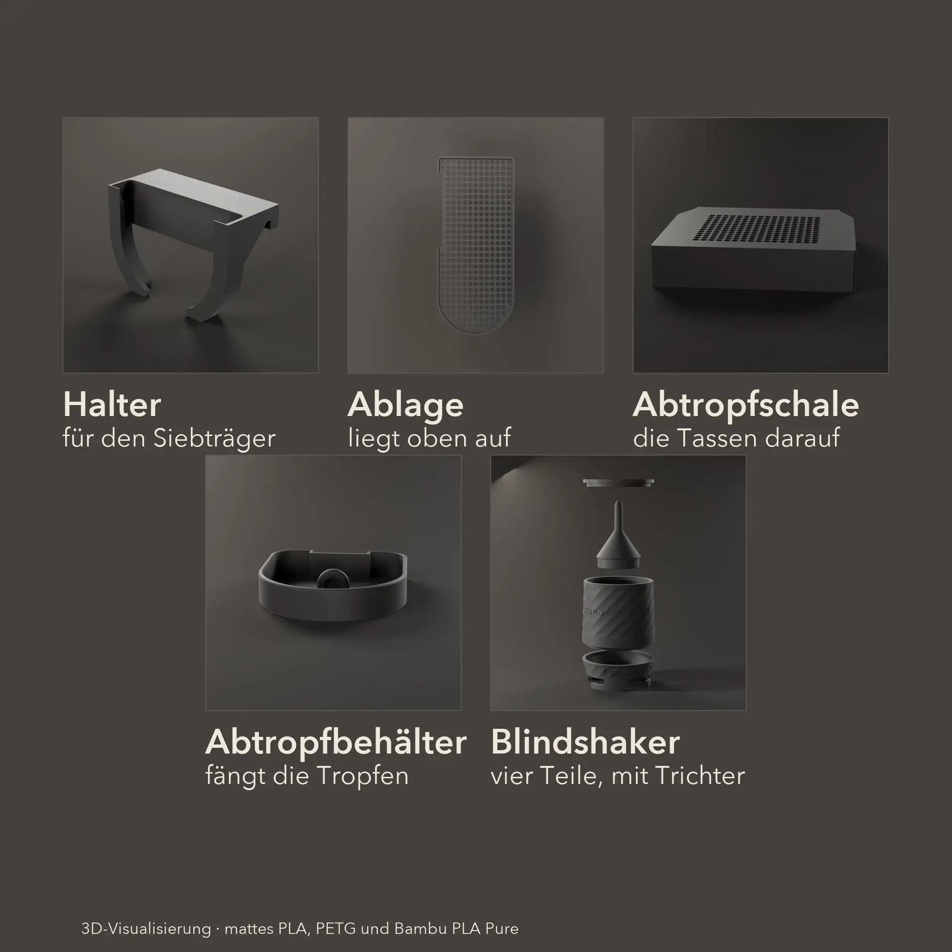 Die fünf Posten des Livanto-Komplettsets nebeneinander mit Beschriftung